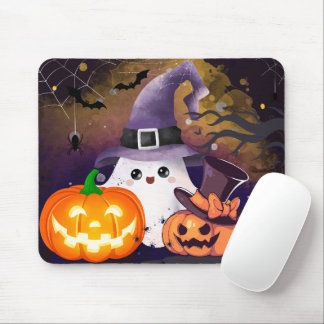 かわいいハロウィンのオバケと魔女の帽子とカボチャ マウスパッド
