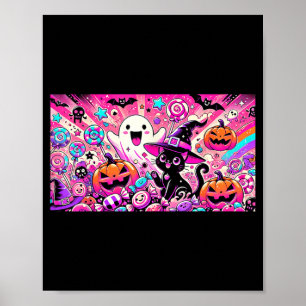 かわいいハロウィンのオバケと黒猫のイラスト ポスター