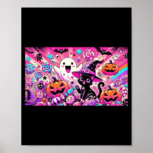 かわいいハロウィンのオバケと黒猫のイラスト ポスター (正面)