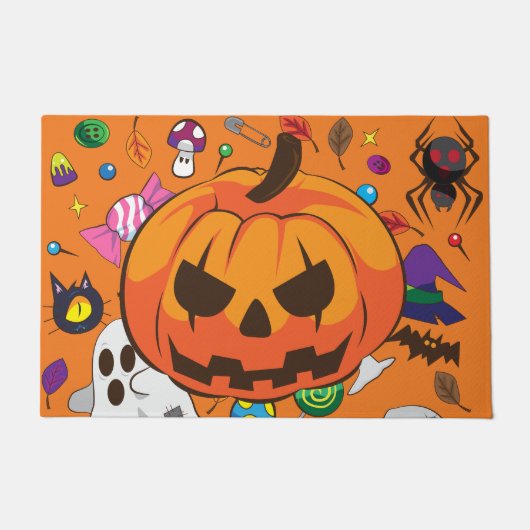かわいいハロウィンのカボチャとお化け ドアマット (正面)
