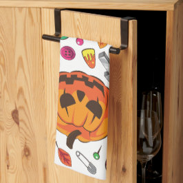 かわいいハロウィンのカボチャとキャンディ キッチンタオル