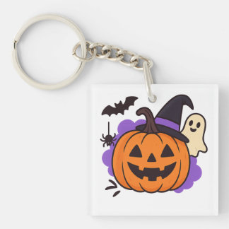 かわいいハロウィンのカボチャと魔女の帽子 - おばけとこうもり キーホルダー