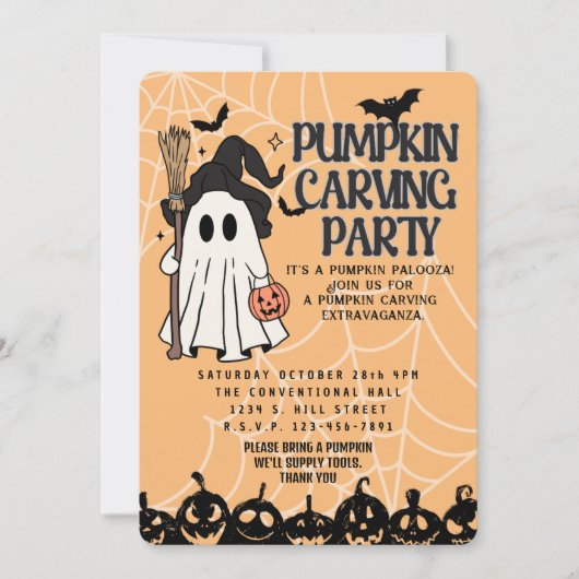 かわいいハロウィンのカボチャの彫り付け招待状 招待状 (正面)