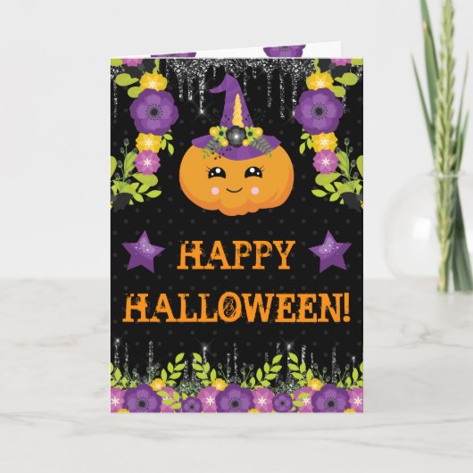 かわいいハロウィンのカボチャの花のグリーティング カード (正面)
