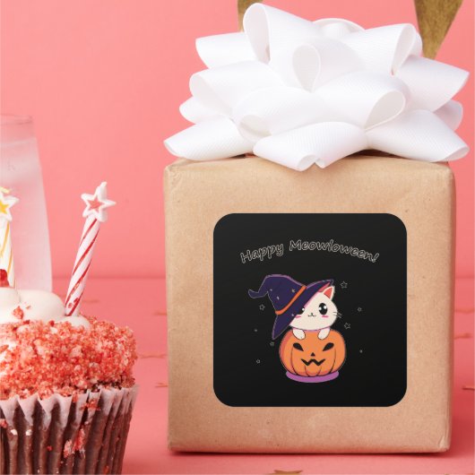 かわいいハロウィンのカボチャの魔女ネコ スクエアシール (パーティー)