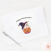 かわいいハロウィンのカボチャの魔女ネコ スクエアシール (封筒)