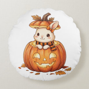 かわいいハロウィンのカボチャウサギ - あたたかい秋のうさぎアート ラウンドクッション