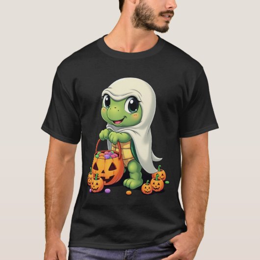 かわいいハロウィンのカメの幽霊とお菓子（4） Tシャツ (正面)