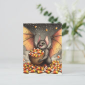 かわいいハロウィンのコウモリとお菓子 ポストカード (スタンド正面)