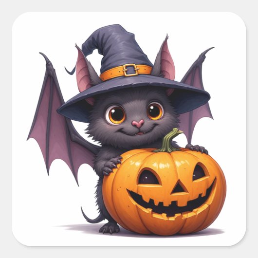 かわいいハロウィンのコウモリのカボチャの魔女の帽子 🎃 スクエアシール (正面)