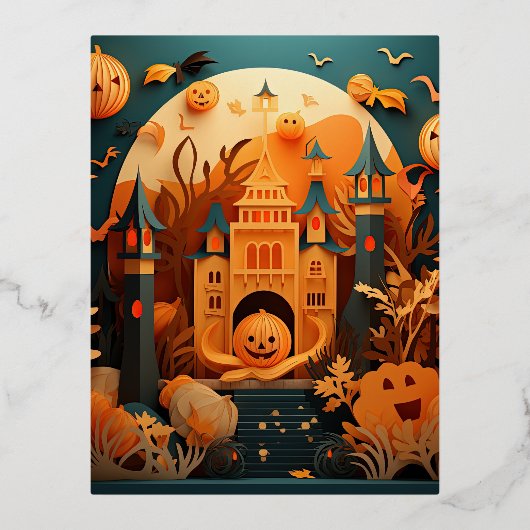 かわいいハロウィンのシーン　3Dエフェクトデザイン 箔シーズンポストカード (正面)