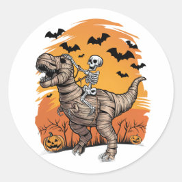 かわいいハロウィンのスケルトンがミイラのティラノサウルスに乗ったステッカー ラウンドシール