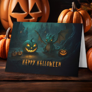 かわいいハロウィンのドラゴンと怖いカボチャ シーズンカード