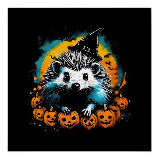 かわいいハロウィンのハリネズミとかぼちゃ ポスター (正面)