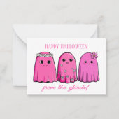 かわいいハロウィンのピンクの女の子の幽霊と花 ノートカード (正面)