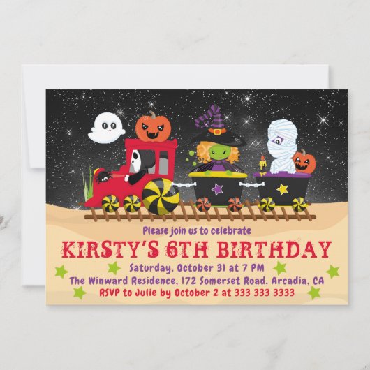 かわいいハロウィンのモンスターが列車に乗ってお誕生日 招待状 (正面)