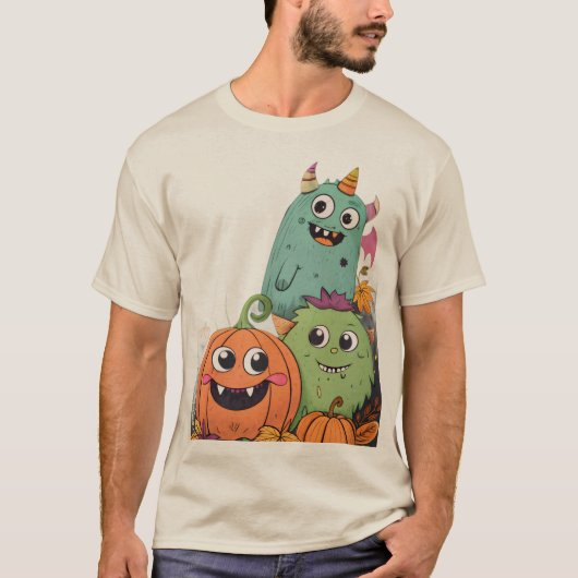 かわいいハロウィンのモンスターとパンプキンの友達 Tシャツ (正面)