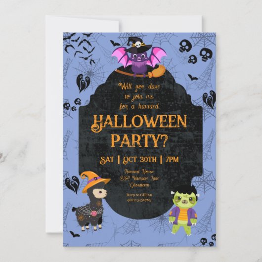かわいいハロウィンのラマ、コウモリ、ナマケモノパーティー 招待状 (正面)