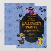 かわいいハロウィンのラマ、コウモリ、ナマケモノパーティー 招待状 (正面/裏面)