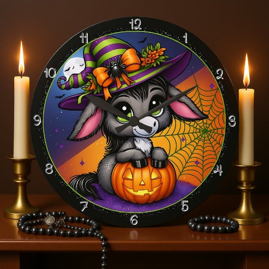 かわいいハロウィンのロバ 魔女 かぼちゃ ラージ壁時計