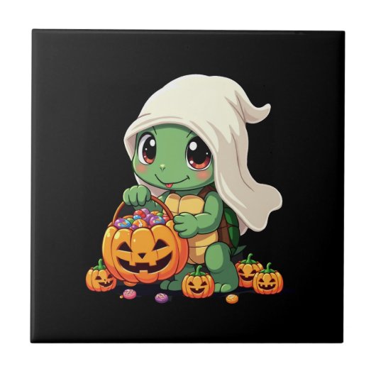 かわいいハロウィンの亀の幽霊とキャンディ (3) タイル (正面)