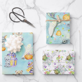 かわいいハロウィンの仮装の動物が青を扱う ラッピングペーパーシート