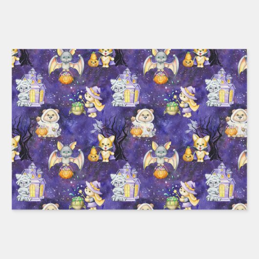 かわいいハロウィンの仮装の動物のおやつ ラッピングペーパーシート (正面)