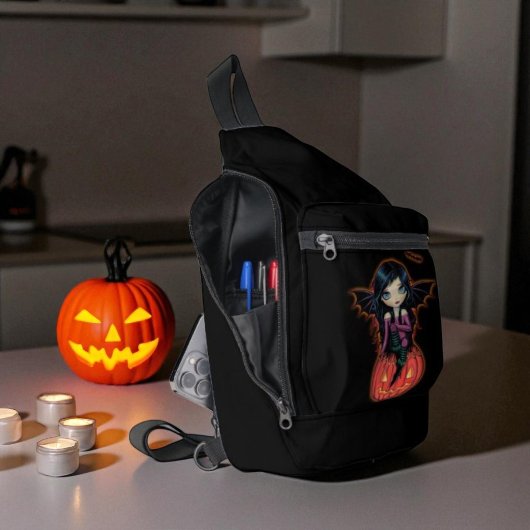 かわいいハロウィンの吸血鬼の女の子とジャックオーランタン スリングバッグ