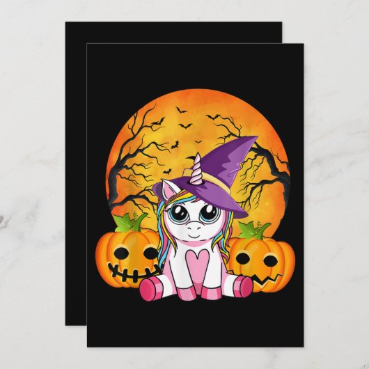 かわいいハロウィンの女の子 ウィッチ ユニコーン ハロウィン 招待状 (正面/裏面)