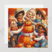 かわいいハロウィンの子供たち ジャック・オ・ランタン雪だるまを作る シーズンカード (正面/裏面)