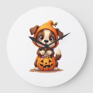かわいいハロウィンの子犬のTシャツ トリック オア トリート 犬 ラージ壁時計