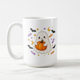 かわいいハロウィンの幽霊がカボチャを抱っこするマグカップ コーヒーマグカップ