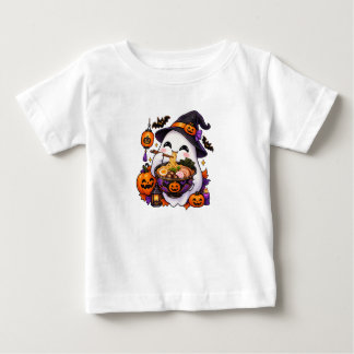 かわいいハロウィンの幽霊がラーメンを食べる 日本料理 ベビーTシャツ
