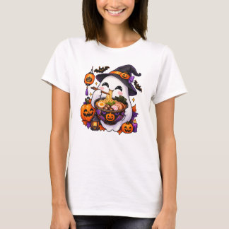 かわいいハロウィンの幽霊がラーメンを食べる 日本料理 Tシャツ