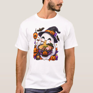 かわいいハロウィンの幽霊がラーメンを食べる 日本料理 Tシャツ