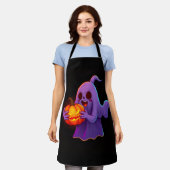 かわいいハロウィンの幽霊が輝くカボチャを持つデザイン エプロン (着用した状態)