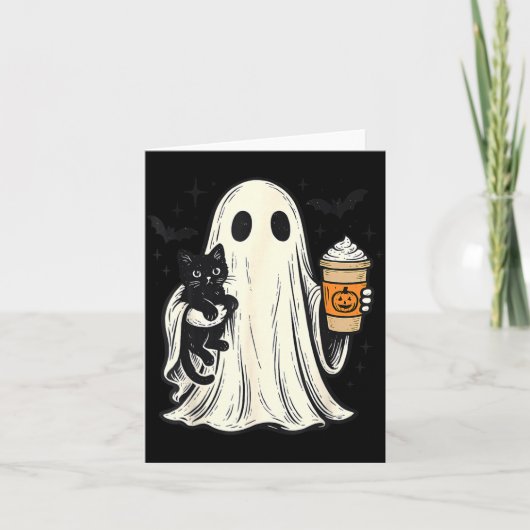 かわいいハロウィンの幽霊が黒猫の秋のコーヒーを抱える カード (正面)