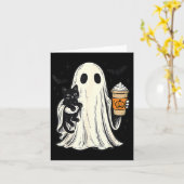 かわいいハロウィンの幽霊が黒猫の秋のコーヒーを抱える カード (黄色い花)