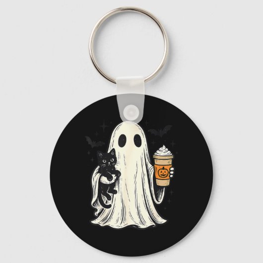 かわいいハロウィンの幽霊が黒猫の秋のコーヒーを抱える キーホルダー (正面)