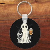 かわいいハロウィンの幽霊が黒猫の秋のコーヒーを抱える キーホルダー (正面)
