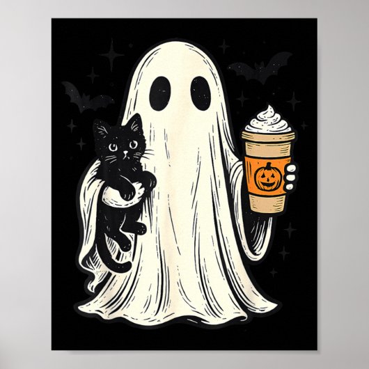 かわいいハロウィンの幽霊が黒猫の秋のコーヒーを抱える ポスター (正面)