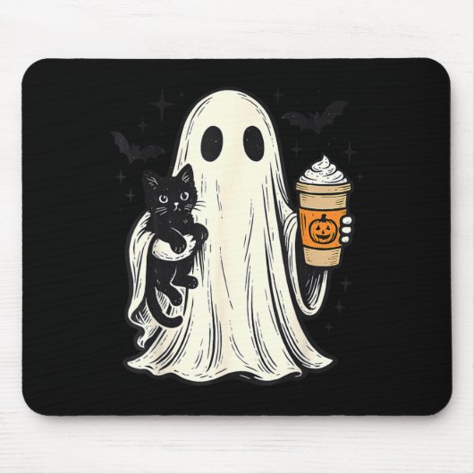 かわいいハロウィンの幽霊が黒猫を持つ 秋のコーヒー マウスパッド (正面)