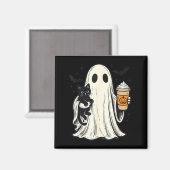 かわいいハロウィンの幽霊が黒猫を持つ 秋のコーヒー マグネット (正面/裏面)