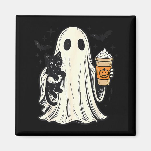 かわいいハロウィンの幽霊が黒猫を持つ 秋のコーヒー マグネット (正面)