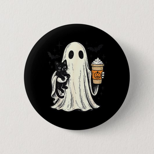 かわいいハロウィンの幽霊が黒猫を持つ 秋のコーヒー 缶バッジ (正面)