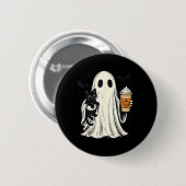 かわいいハロウィンの幽霊が黒猫を持つ 秋のコーヒー 缶バッジ (正面&裏面)
