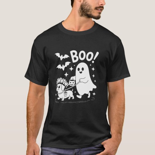 かわいいハロウィンの幽霊と犬のデザイン Bowwow Boo Tシャツ (正面)