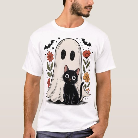 かわいいハロウィンの幽霊と猫 Tシャツ (正面)