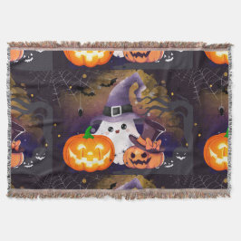 かわいいハロウィンの幽霊と魔女の帽子とカボチャ スローブランケット