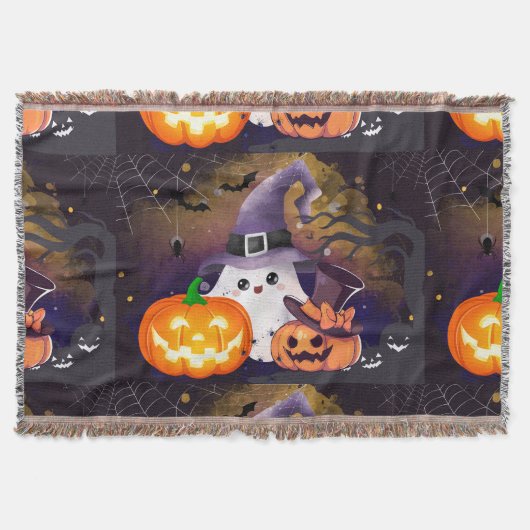 かわいいハロウィンの幽霊と魔女の帽子とカボチャ スローブランケット (正面)